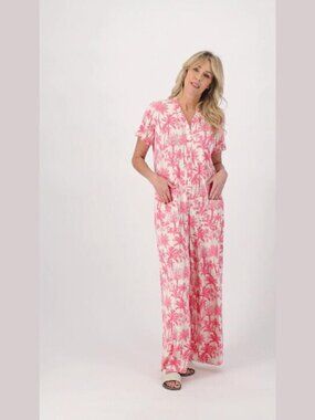 Bumblebella Dreamy Jersey Essential Wide Leg Jumpsuit Pink Palm Print Lounge XL